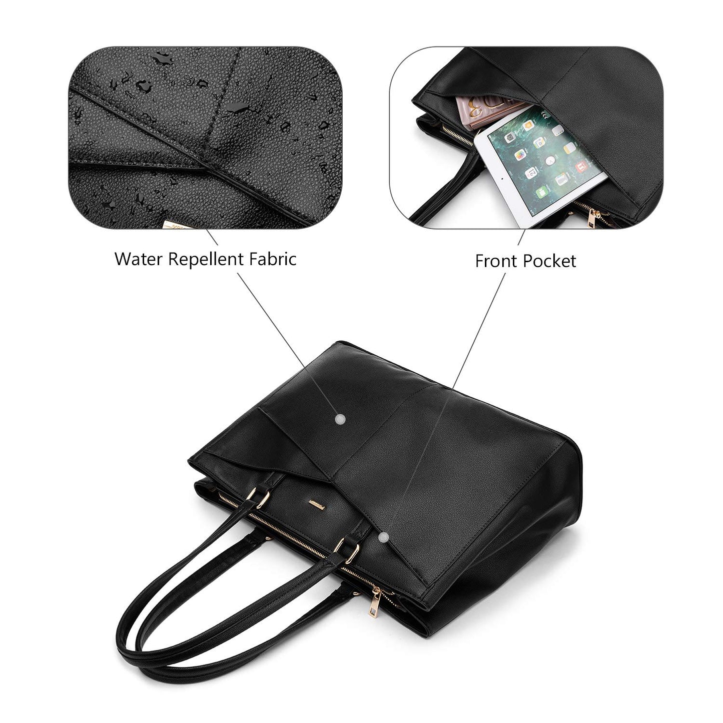 Laptop Tote Bag for Women 15.6 Inch Waterproof Leather Computer Bags Business Office Work Briefcase Black
